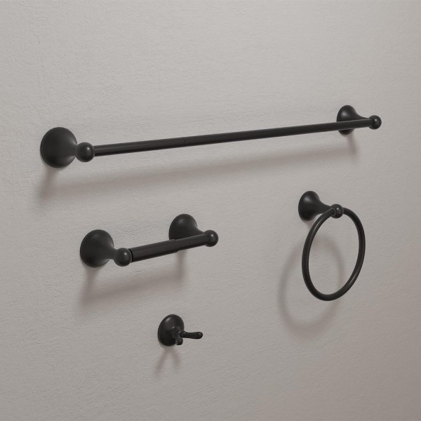 YANXI Bathroom Hardware Set, Matte Black Adjustable Expandable Towel Bar 4-Piece Bathroom Accessory Set Wall Mounted Robe Hook Toilet Paper Holder Towel Ring