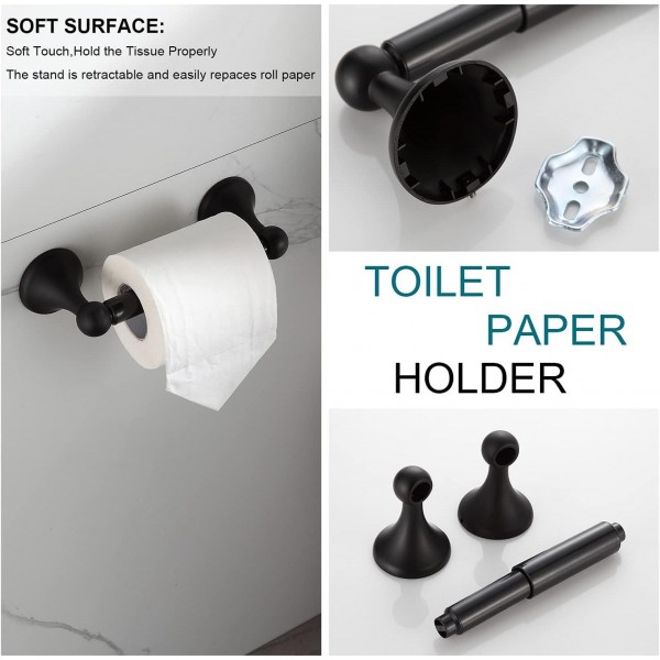 YANXI Bathroom Hardware Set, Matte Black Adjustable Expandable Towel Bar 4-Piece Bathroom Accessory Set Wall Mounted Robe Hook Toilet Paper Holder Towel Ring