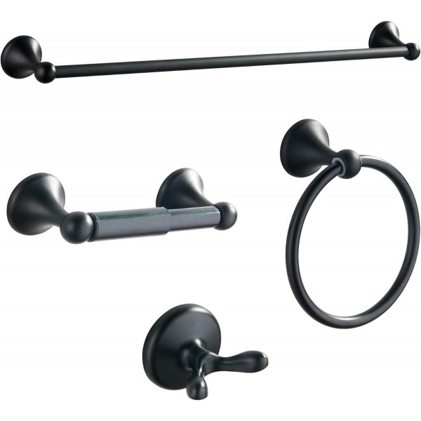 YANXI Bathroom Hardware Set, Matte Black Adjustable Expandable Towel Bar 4-Piece Bathroom Accessory Set Wall Mounted Robe Hook Toilet Paper Holder Towel Ring